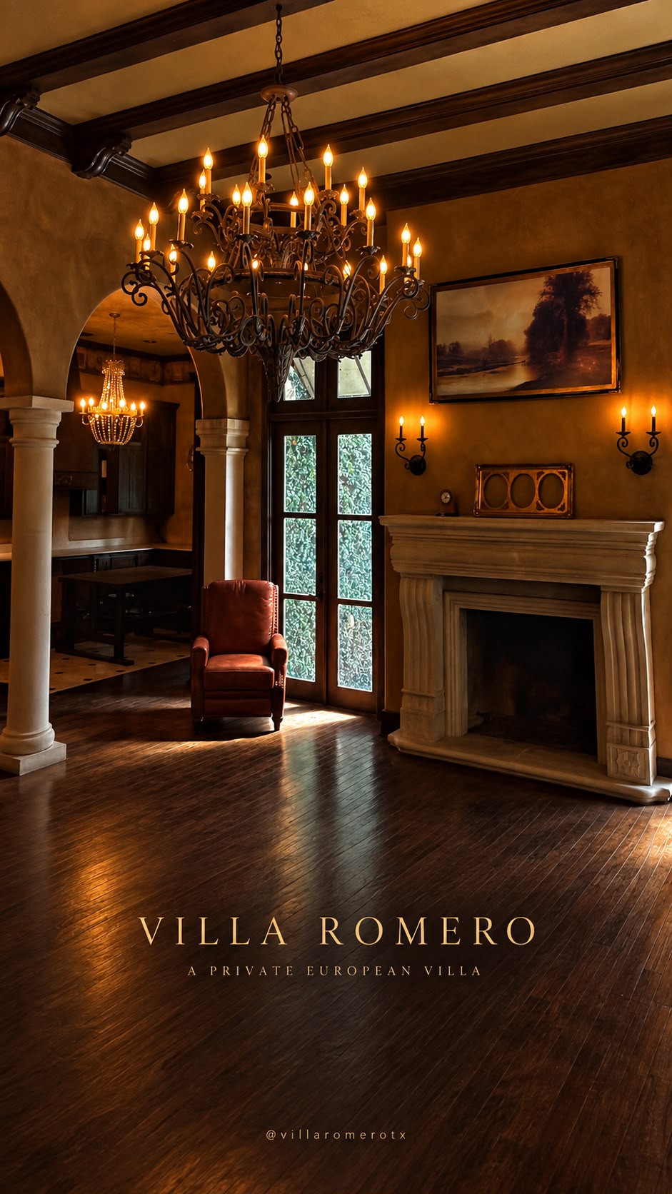 Chandelier and piano inside Villa Romero